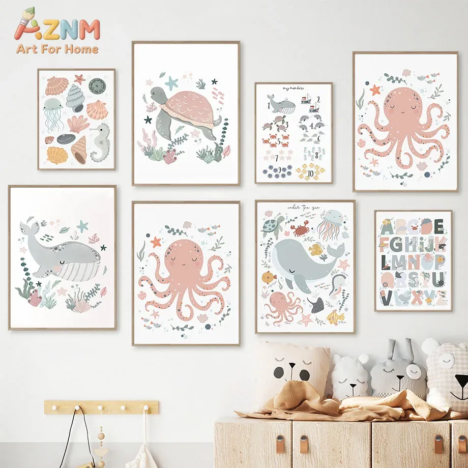 AZNM Nursery Sea Animal Canvas - Kids Educational Poster reseña y precio