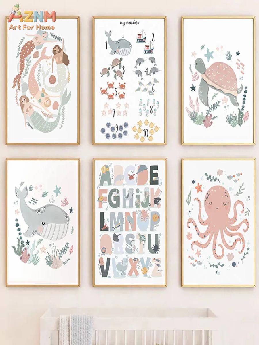 AZNM Nursery Sea Animal Canvas - Kids Educational Poster reseña y precio